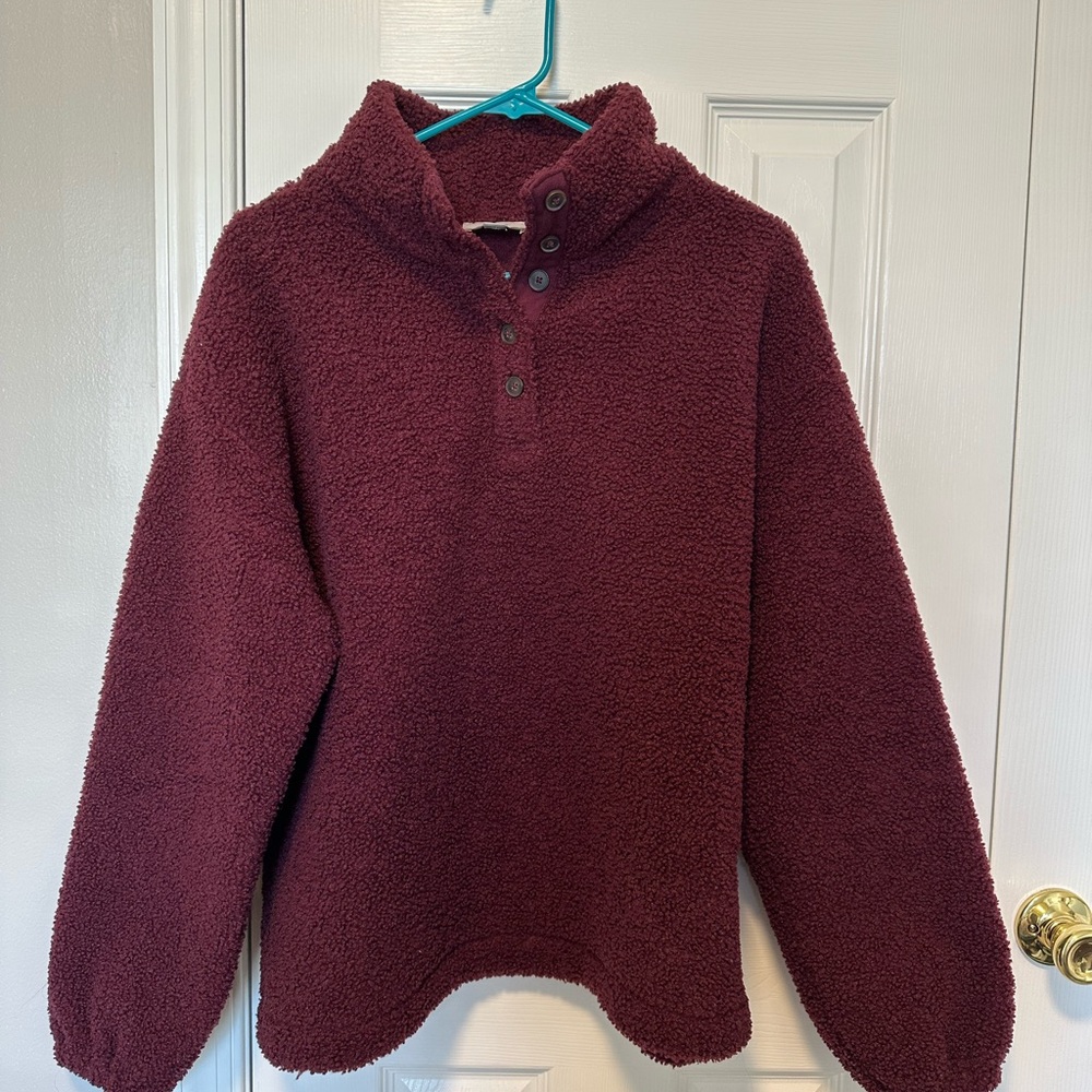 LOFT Plush Button-Front Turtleneck Sweater - Wine